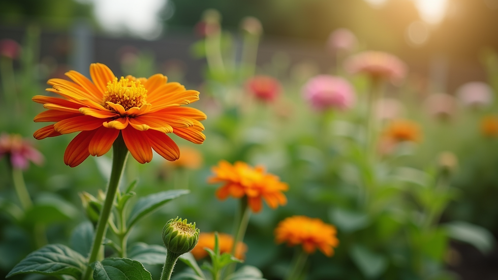 Close-up view of thriving community garden with vibrant flowers and greenery