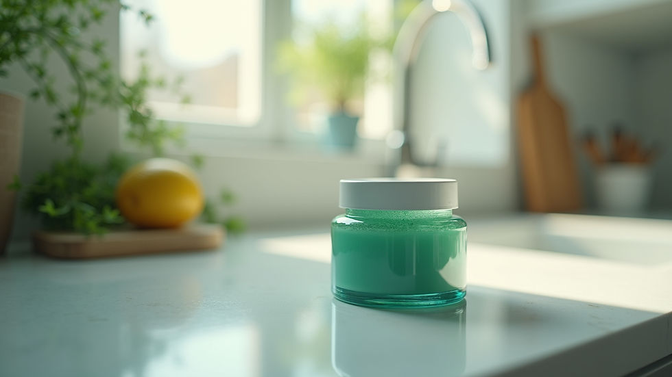 Eye-level view of a jar of sea moss gel on a kitchen counter