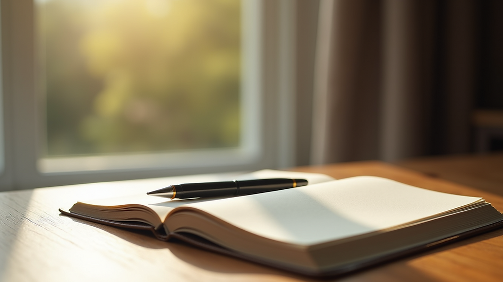 Close-up view of a journal and pen on a wooden table with soft natural light