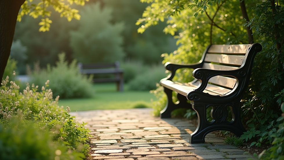 Eye-level view of a peaceful garden bench surrounded by greenery
