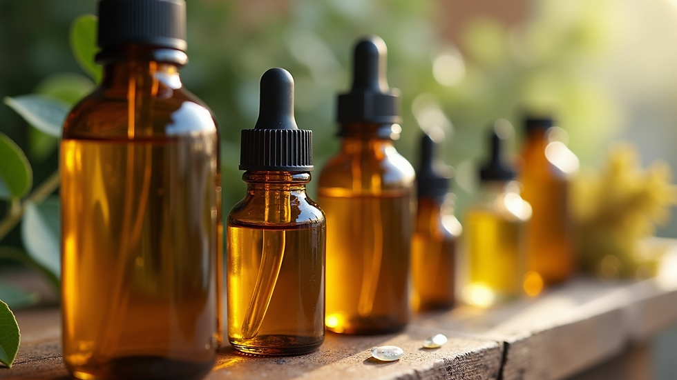 Close-up view of assorted essential oils in small glass bottles