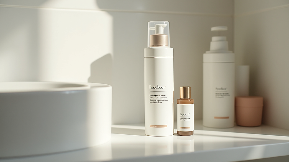 Eye-level view of a bathroom shelf with skincare products including hyaluronic acid serum