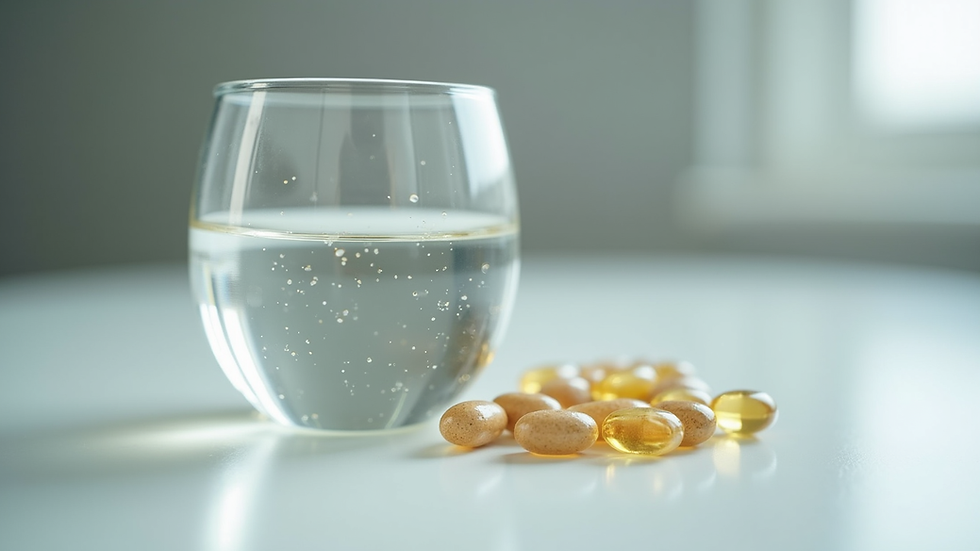 Eye-level view of a glass of water with magnesium glycinate capsules beside it