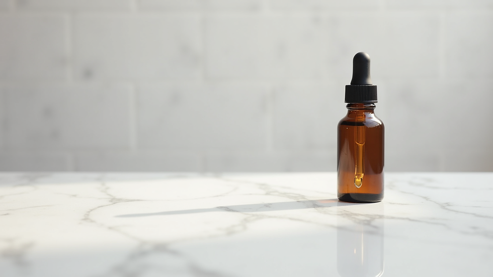 Eye-level view of a small glass bottle of serum with a dropper on a white marble countertop