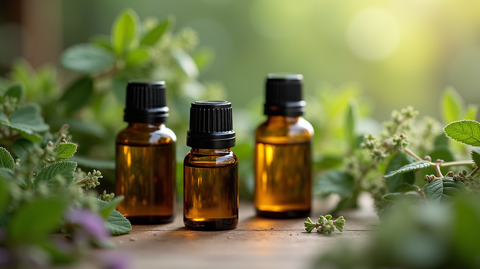 Eye-level view of essential oil bottles surrounded by herbs