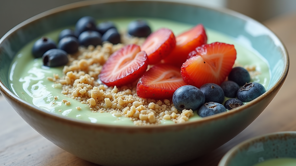 Eye-level view of a smoothie bowl topped with fresh fruits and a spoonful of sea moss gel