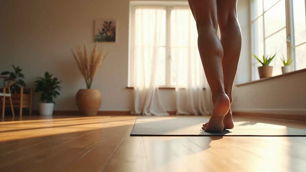 Eye-level view of a serene yoga studio with natural light