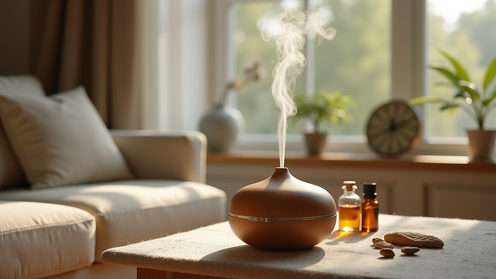 Close-up view of a diffuser releasing essential oils in a cozy room
