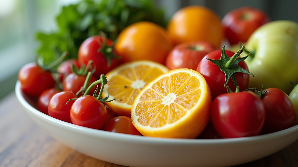 Close-up view of a colorful bowl of fresh fruits and vegetables