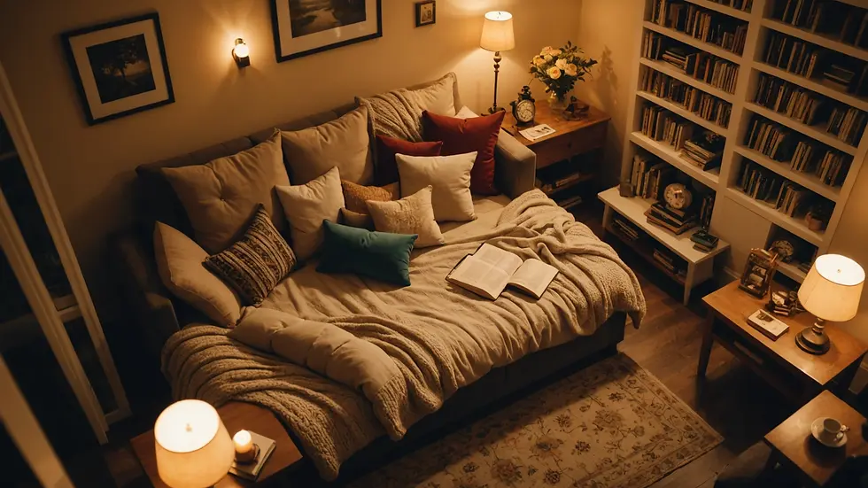 High angle view of a cozy reading nook with plush pillows and warm lighting