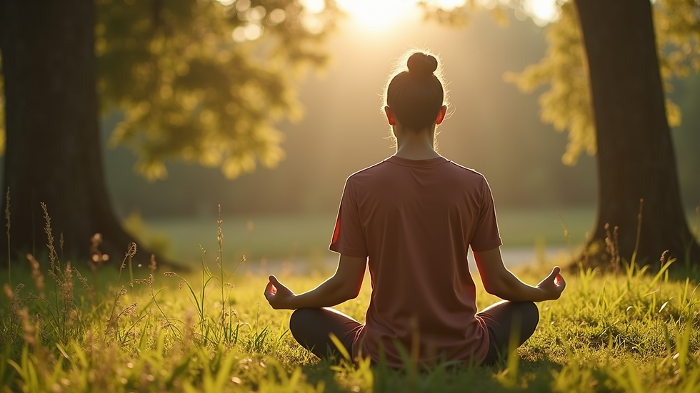 High angle view of a person meditating outdoors surrounded by nature