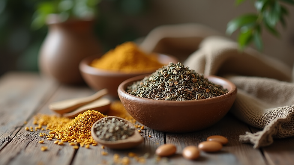 Eye-level view of a small bowl of dried herbs and supplements on a rustic table