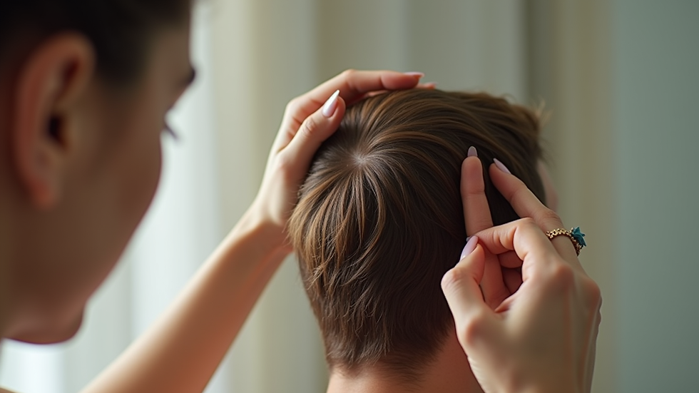 Eye-level view of a person applying hair growth tonic to the scalp