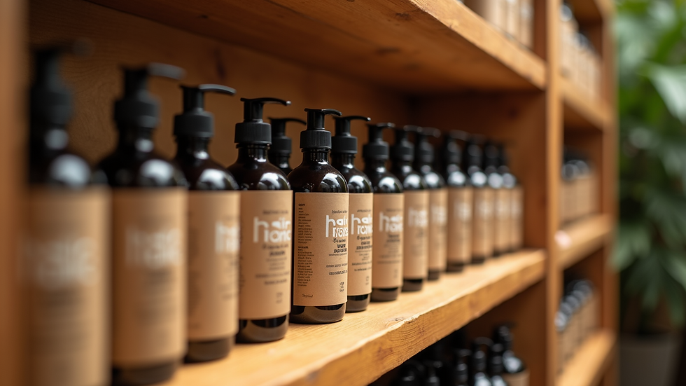 Eye-level view of hair tonic bottles arranged on a wooden shelf