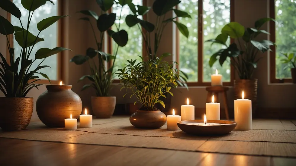 Eye-level view of a serene meditation space with plants and candles