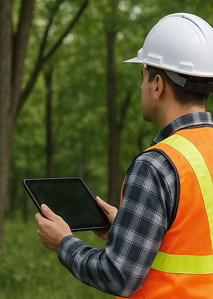 An arborist in safety apparel collecting a digital inventory of tree.