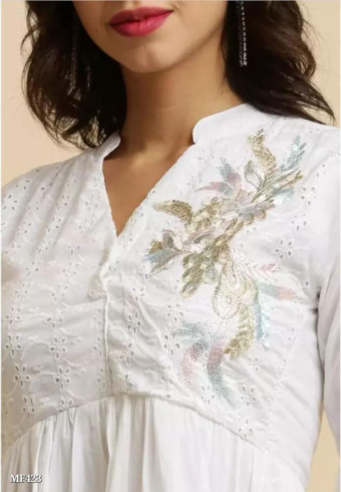 A Girl in White Fancy flower Embroidery Chikankari One Piece Short Dress From Close Front