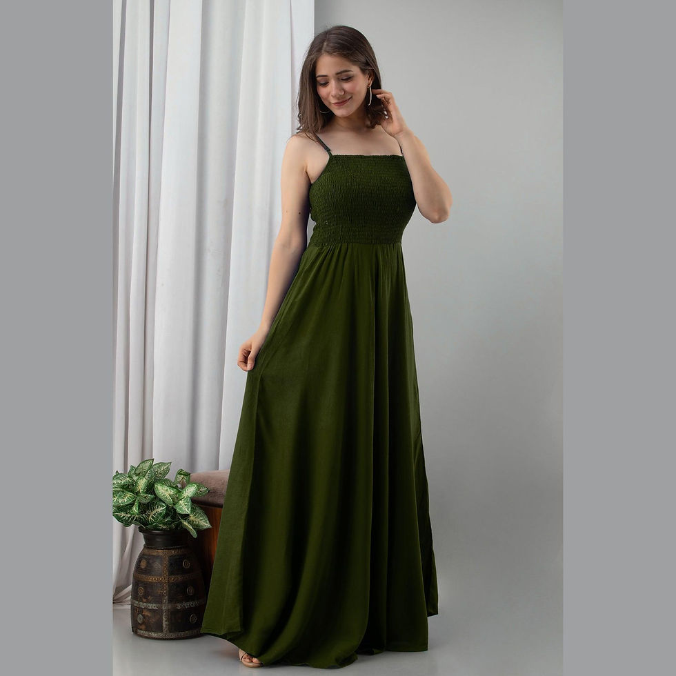 A Girl in Unique Green Shirred Rayon Full Length Maxi Gown Dress