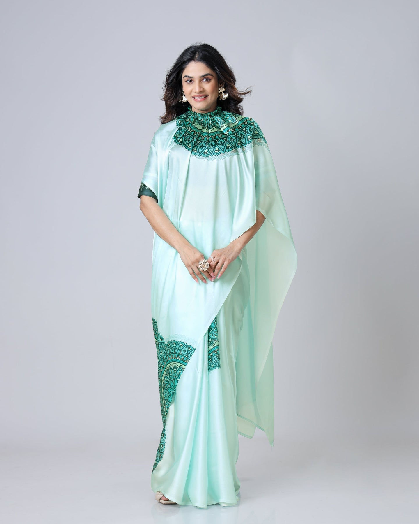 Mint Green Designer Freehand Mandala Print Ready To Wear Georgette Satin Saree