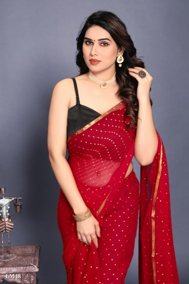 A Women in Red Bollywood Style Chanderi Chiffon Saree