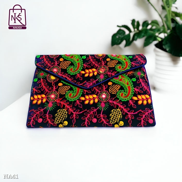 Women's Rajasthani Handmade Embroidery Regular Blue Velvet Clutch Bag