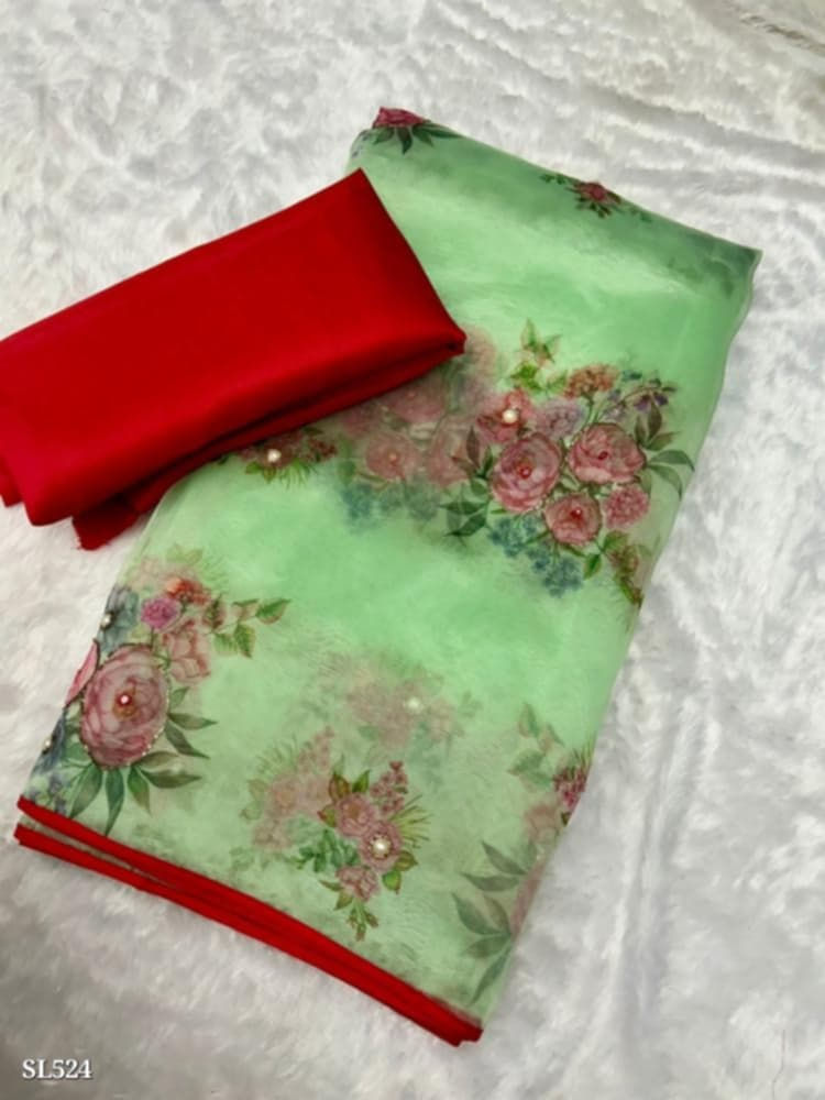 Pista Superb Hand Moti Work Flower Digital Printed Soft Organza Silk Saree