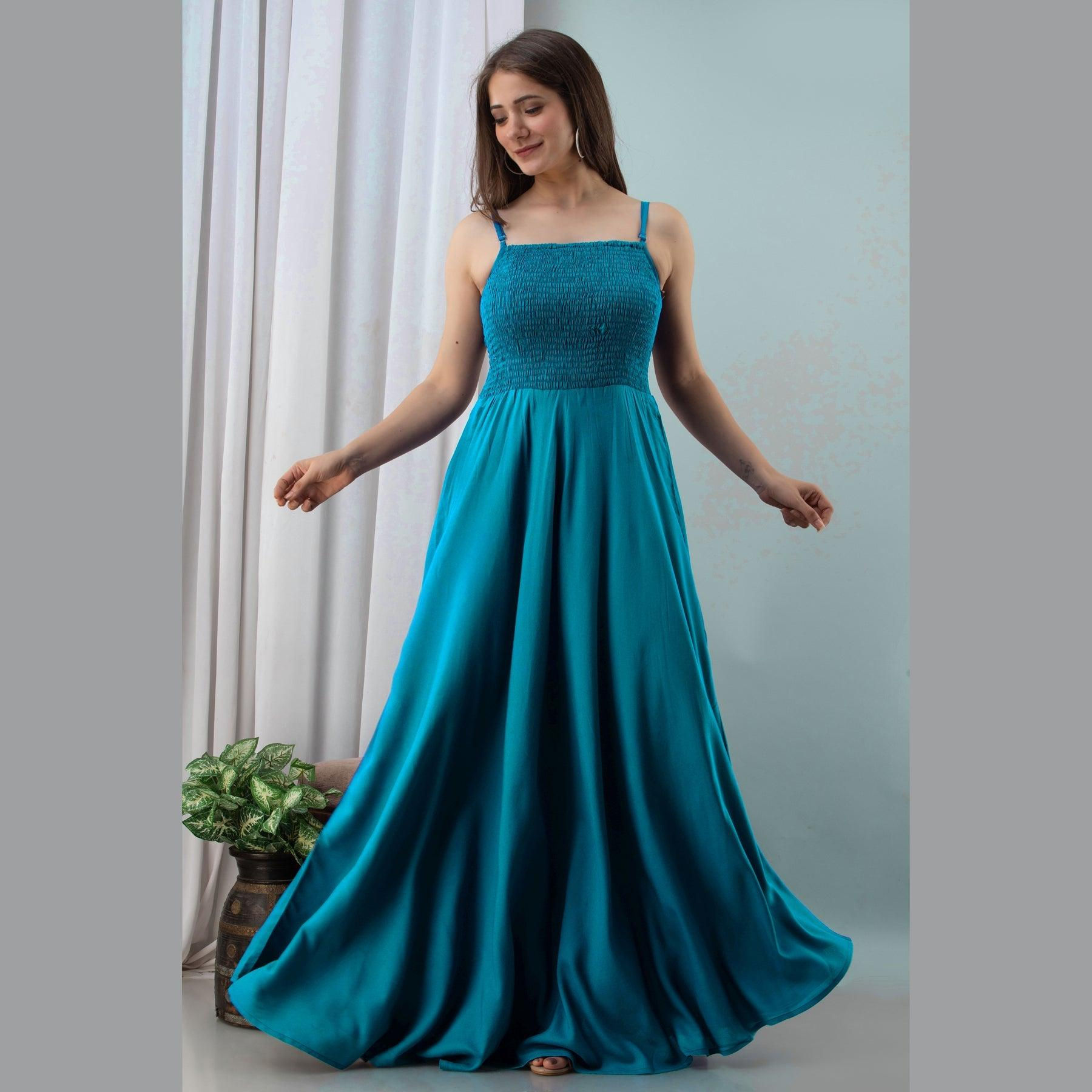 A Girl in Fancy Light Blue Shirred Rayon Full Length Maxi Gown Dress