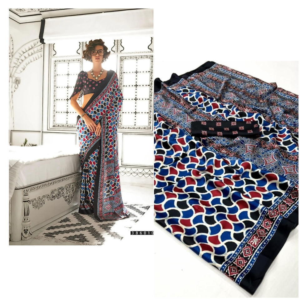 Collage of A Women in Mixed Tone Blue Attractive Ajrakh Print Muslin Saree