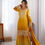 Thumbnail: Attractive Chinon Silk Embroidered With Rivet Moti Yellow Sharara Suit