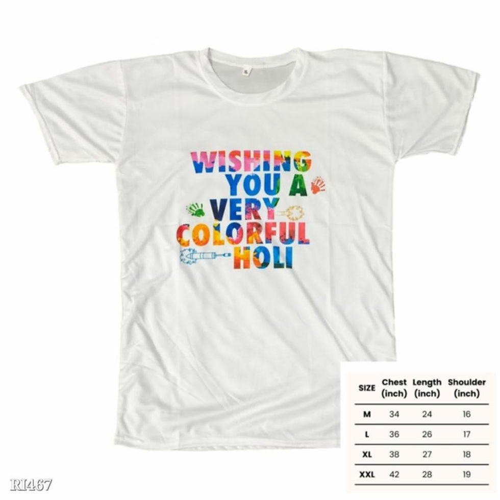 A white tshirt with written wishing you a very colorful holi