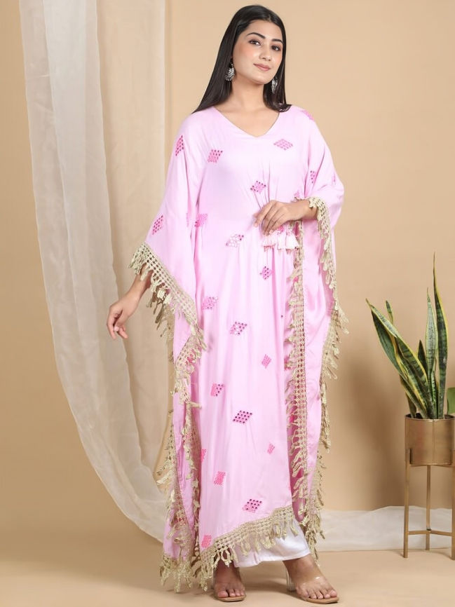 A Women in Stylish Golden Fringe Rayon Printed Kaftan Kurta with Pant Dress Set
