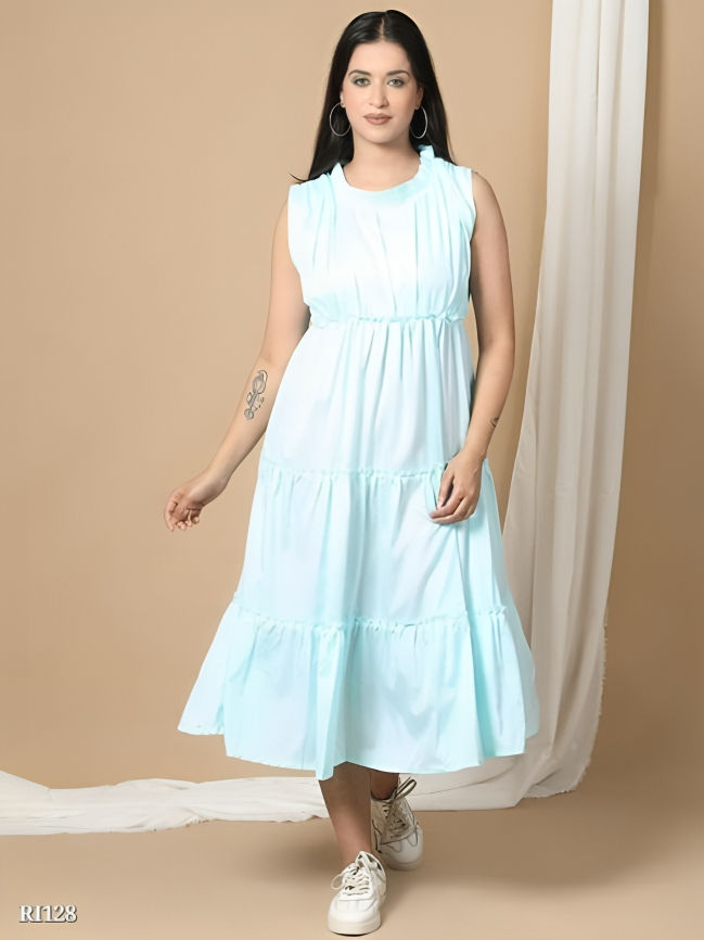 A Girl in Sky Blue Fancy A Line Knee Length One Piece Dress