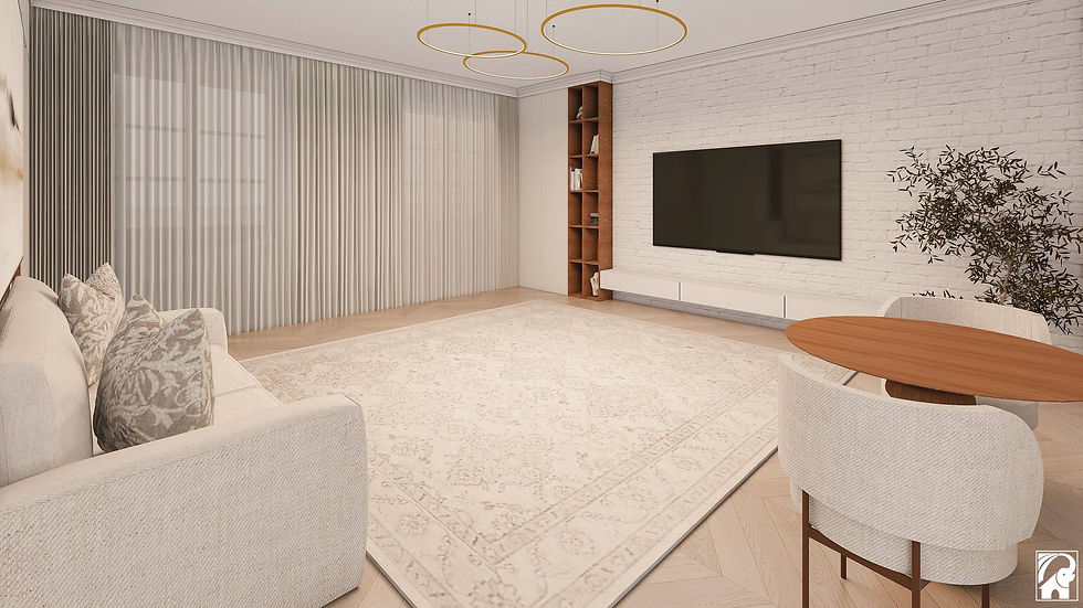 Einrichtungsvorschlag: Wohnbereich mit TV-Wand und hellem Teppich