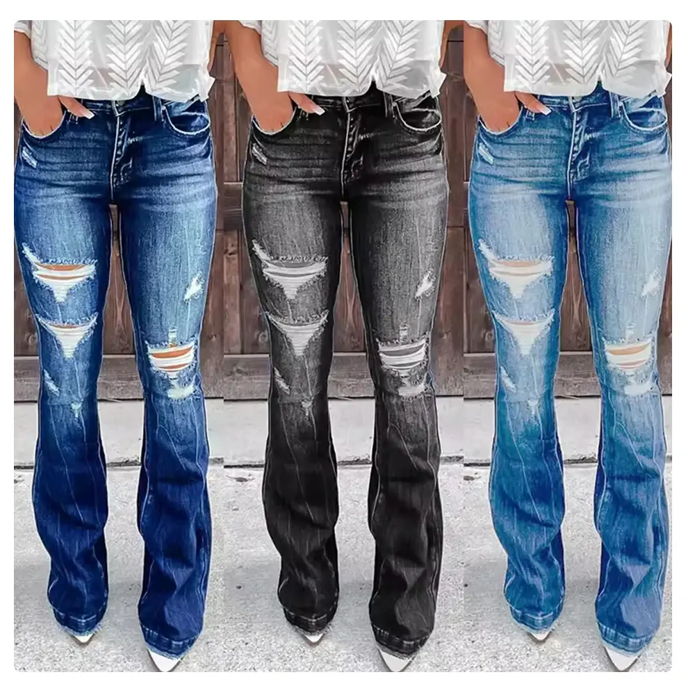 Women’s Skinny Ripped Denim Jeans Distressed Bootcut