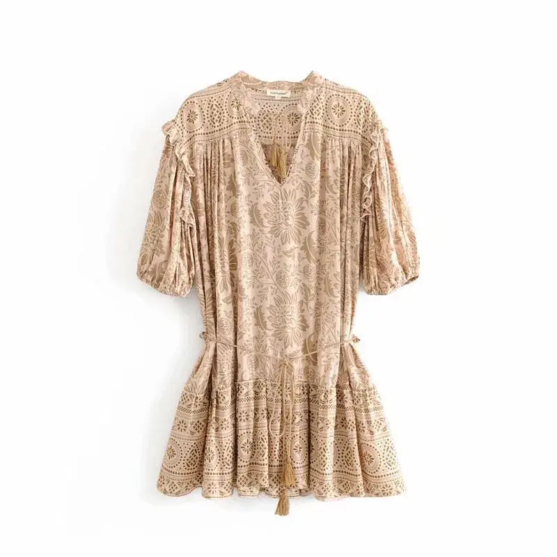 Thumbnail: Women’s Boho Floral Ruffle V-Neck Holiday Maxi Dress