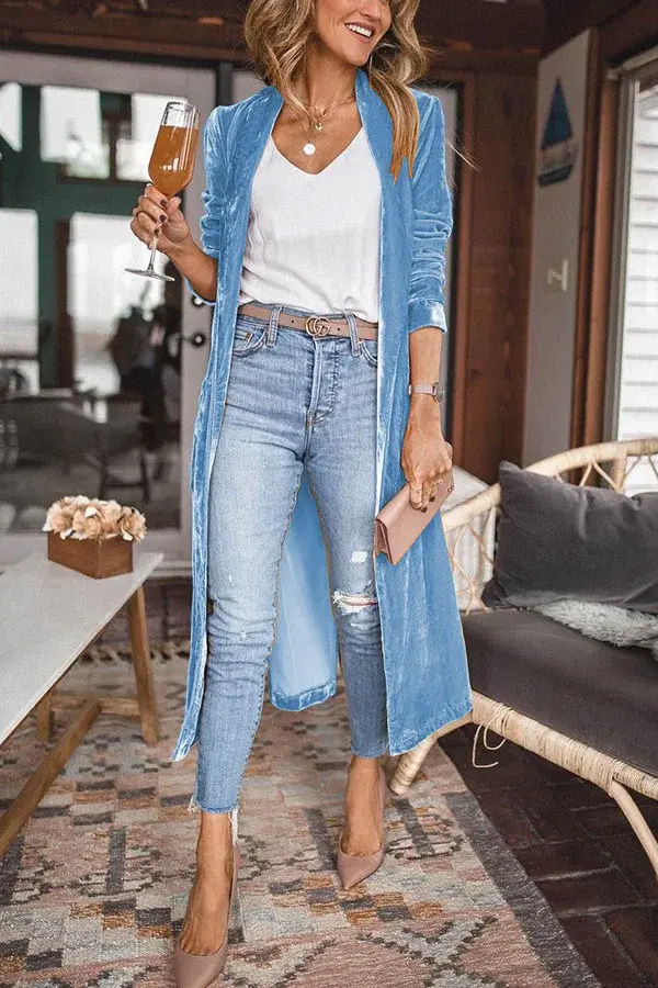 Thumbnail: Velvet Long Sleeve Boho Open‑Front Kimono Coat for Women