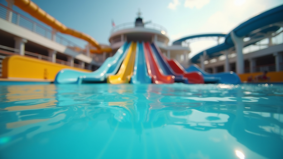 Eye-level view of a cruise ship pool deck with colorful water slides