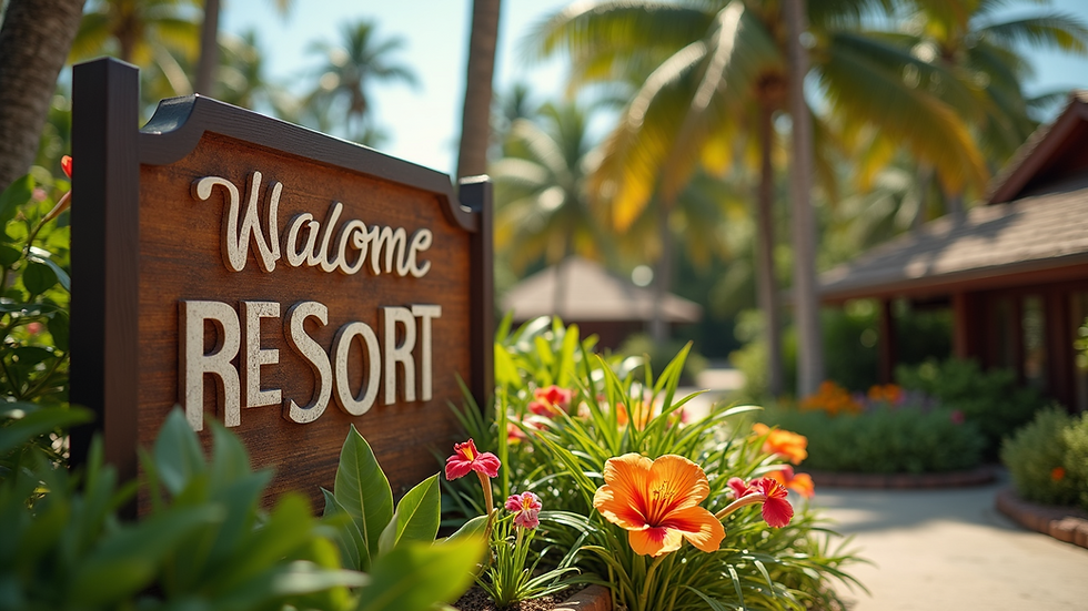 Close-up view of a resort welcome sign with tropical flowers