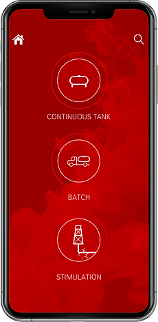 Smart phone home screen with a red back ground with 3 circle icons for tank, batch & stimulation.