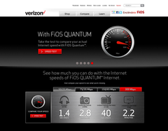 A dark user interface showing a speed dial and speed test button for Verizon's high speed internet offering. A chrome interface shows icons displaying numeric data in white text of their speeds for audio, photos, video etc. as icons.