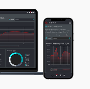 RoxC Blast UI Designs are displayed in a computer laptop and iPhone. The interfaces shown are dashboards of the cost with both line graphs and pie charts for the spend. 