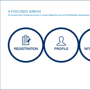 This excerpt from the insurance app evaluation displays each section in large circles in a single row. The focused areas shown for testing are registration, profile, withdrawals and strategy reallocation.