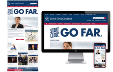 Landing page screens on an iMac screen & iPhone for a college with red & blue colors. Big typography displayed says "Start Close, Go Far"