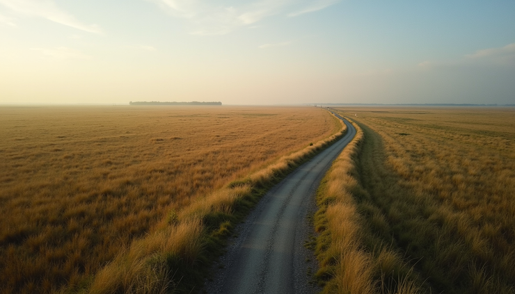 Luchtfoto van een kronkelend fietspad door het uitgestrekte veenlandschap van de Hoge Venen
