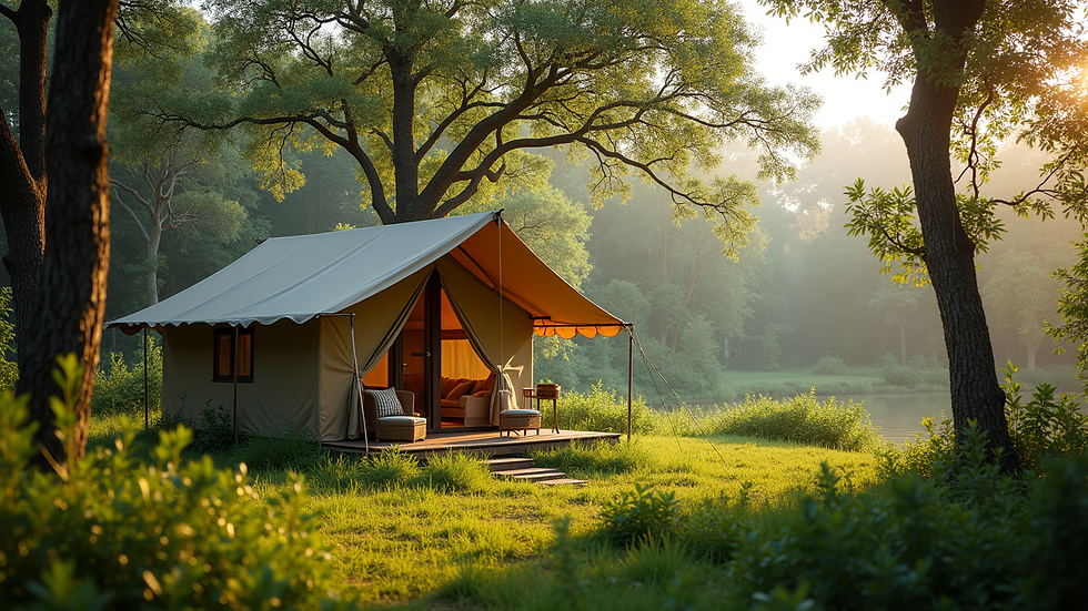 Wide angle view of a luxury safari tent nestled in a green forest clearing