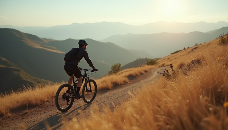 Uitzicht vanaf een heuvel met een mountainbiker die zich voorbereidt op vertrek bij Amel