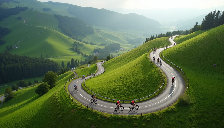 Luchtfoto van een kronkelende klimroute met fietsers in de Ardennen
