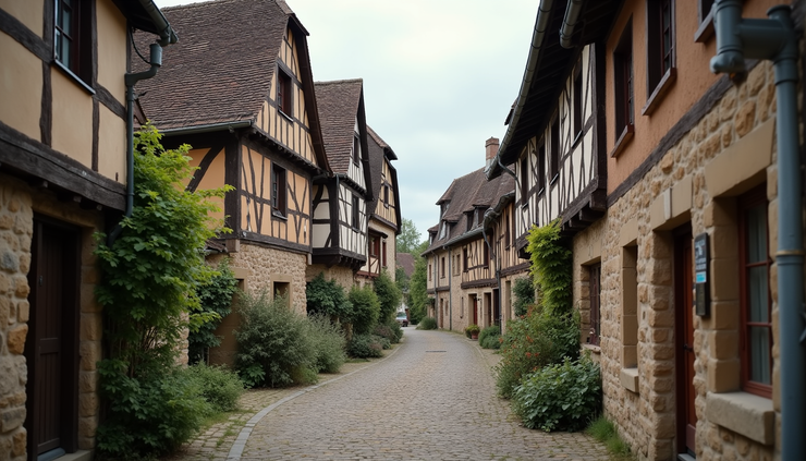 Ooghoogte uitzicht op een middeleeuws dorp met traditionele vakwerkhuizen en een kronkelende straat