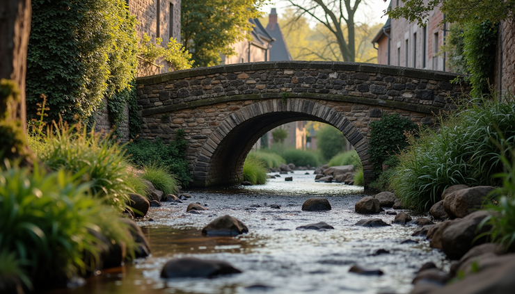 Close-up van een oude stenen brug over een kabbelend beekje in een historisch dorp
