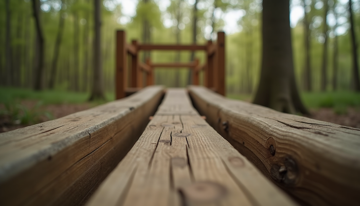 Close-up van een houten speeltoestel in een bosrijke speeltuin in de Ardennen